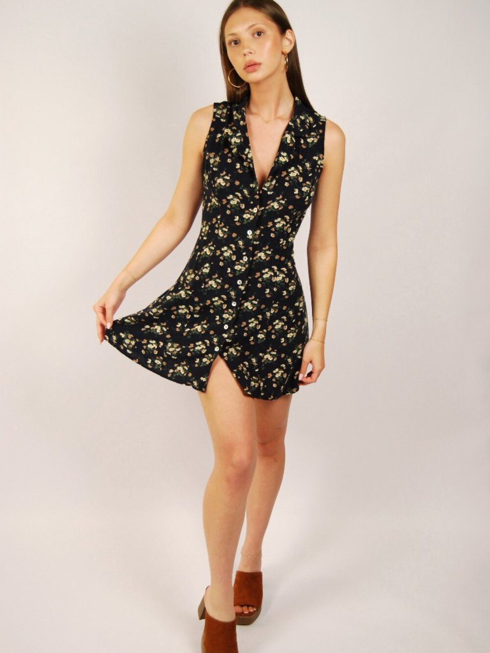 90s Tank Dress (M) medium black yellow vintage mini DBY floral collared twee